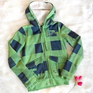 Billabong Full-Zip Winter Jacket Fleece Hood Green Plaid Small